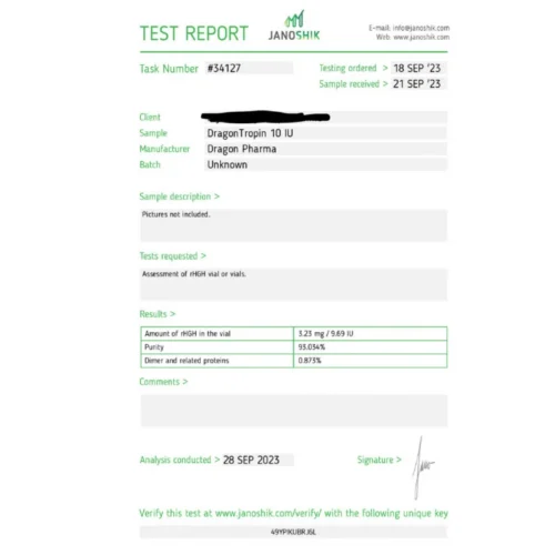 dragontropin lab test result - verified on 2023-09-28